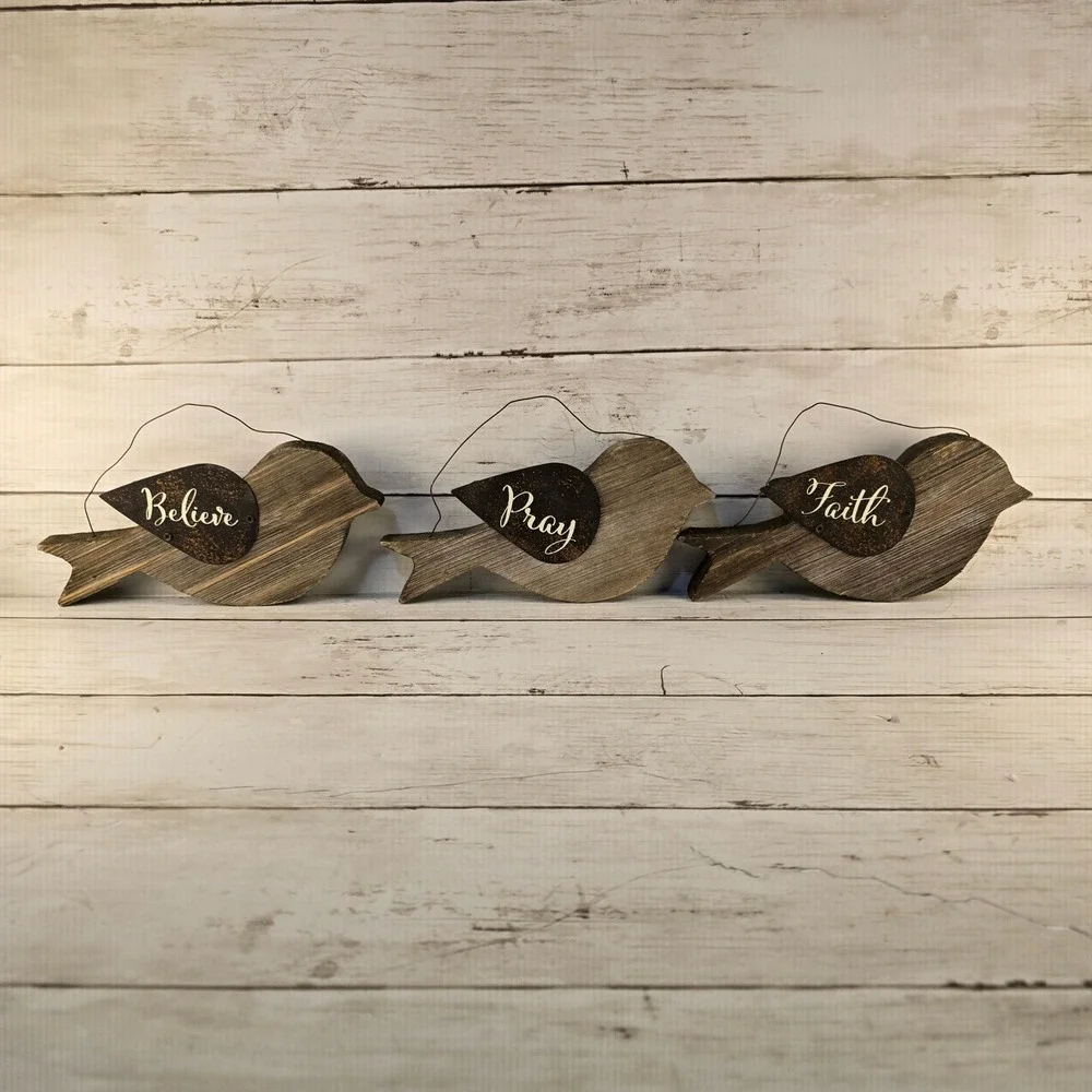 Rustic Wood Bird Wall Decor Set 3 Believe Pray Faith Farmhouse Primitive Brown